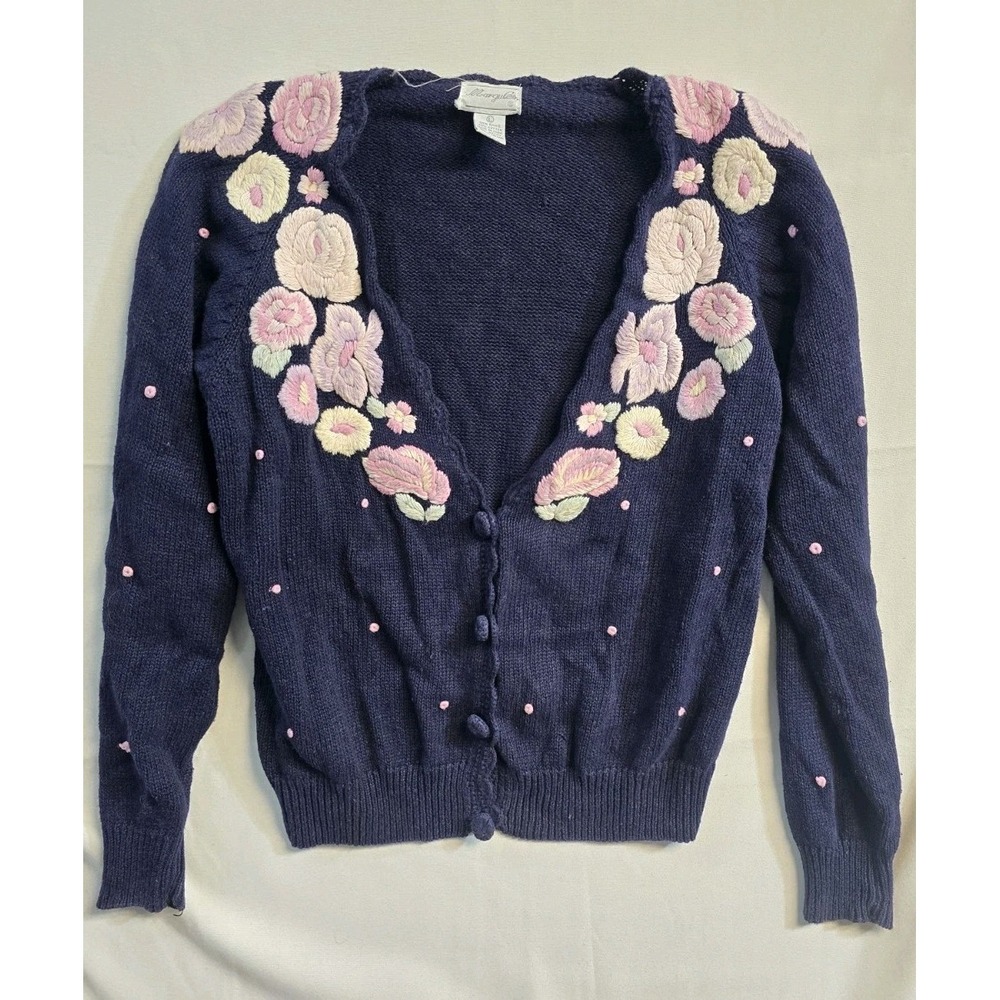 Marqules Women's  Vintage Cardigan  Knit Navy Blue Flowers  Embroidered  Ramie